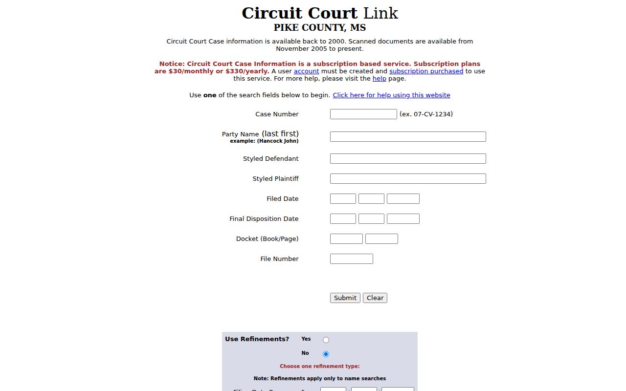 Pike County case lookup fields on the Delta Circuit search
