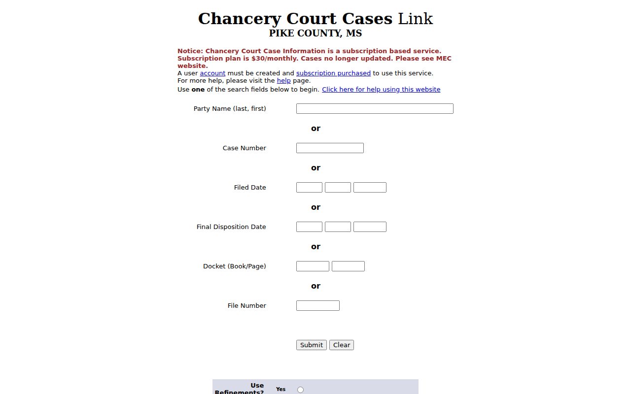 Pike County civil docket fields on the legacy Chancery Delta search