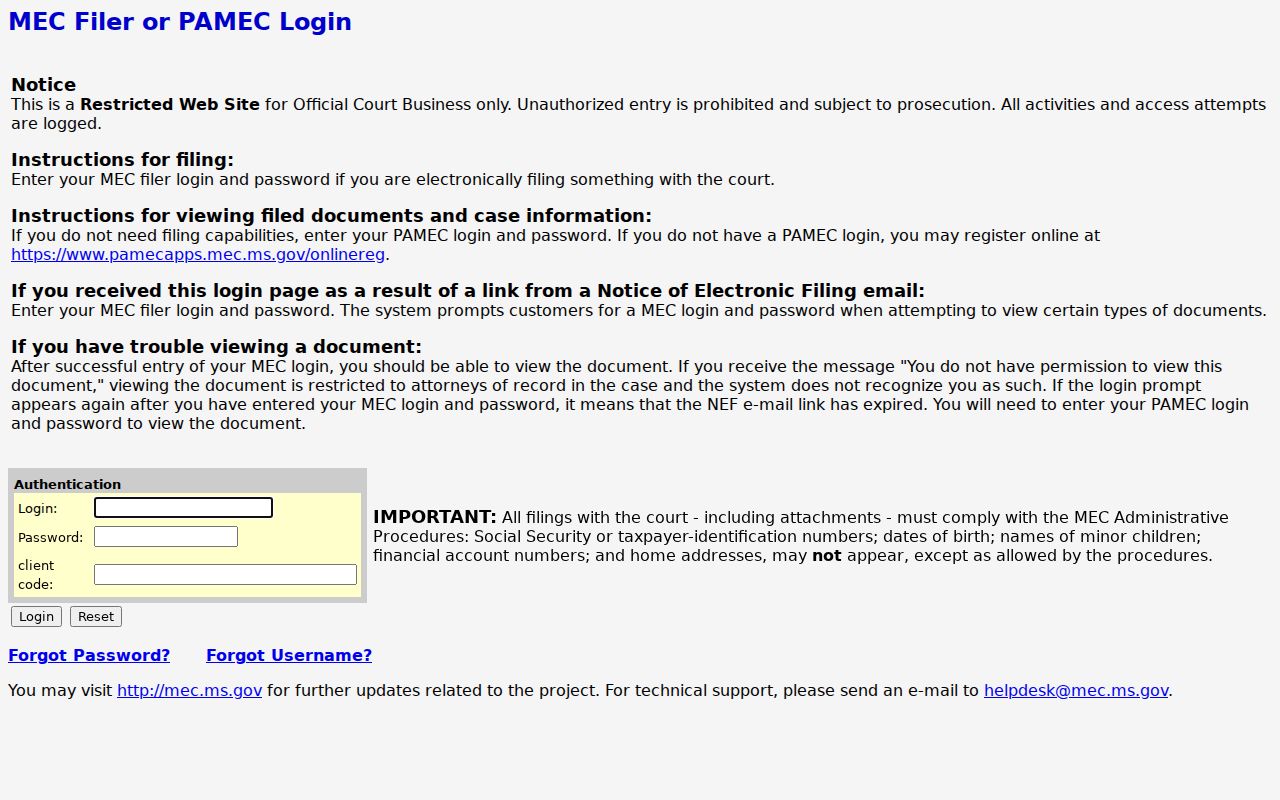 Pike County criminal docket access at the Fourteenth Circuit MEC login